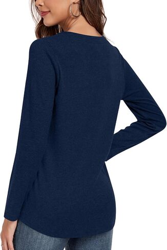 Anyhold Womens Fall Long Sleeve Tunic Tops Notch V Neck Shirt Casual Pleated Basic Pullover in Saudi Arabia