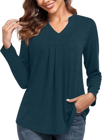 Anyhold Womens Fall Long Sleeve Tunic Tops Notch V Neck Shirt Casual Pleated Basic Pullover in Saudi Arabia