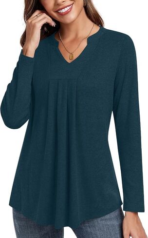 Anyhold Womens Fall Long Sleeve Tunic Tops Notch V Neck Shirt Casual Pleated Basic Pullover in Saudi Arabia