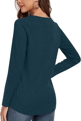 Anyhold Womens Fall Long Sleeve Tunic Tops Notch V Neck Shirt Casual Pleated Basic Pullover in Saudi Arabia