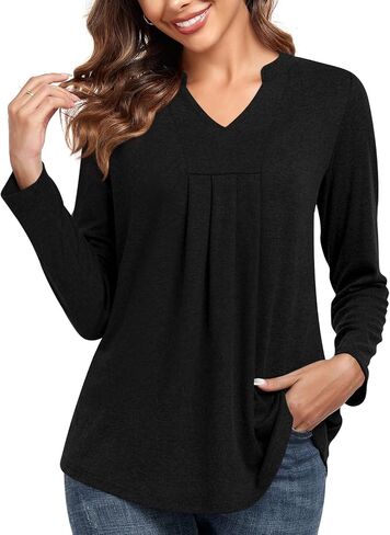Anyhold Womens Fall Long Sleeve Tunic Tops Notch V Neck Shirt Casual Pleated Basic Pullover in Saudi Arabia