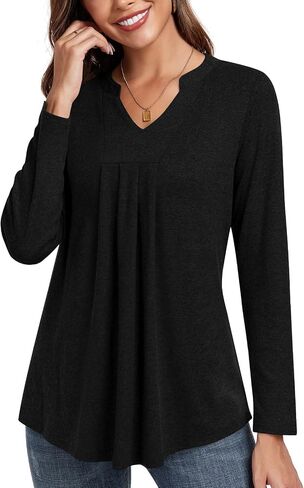 Anyhold Womens Fall Long Sleeve Tunic Tops Notch V Neck Shirt Casual Pleated Basic Pullover in Saudi Arabia