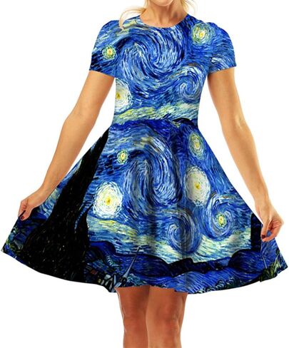 GLUDEAR Women's 3D Print Short Sleeve Unique Casual Flared Midi Dress in Saudi Arabia