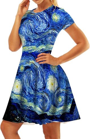 GLUDEAR Women's 3D Print Short Sleeve Unique Casual Flared Midi Dress in Saudi Arabia