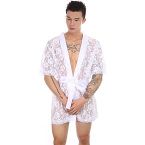 ITODA Men's Sexy Sissy Lace Bathrobes Pajamas Robes Set Babydoll Lingerie with Thong