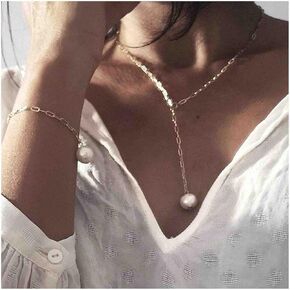 Erimberate Bohemian Pearl Drop Necklace Choker Paper Clip Chain Necklace Silver Y Lariat Necklace Floating Pearl Necklace Jewelry for Women and Girls Gifts(Silver)