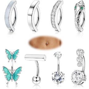 FINREZIO 8PCS 14G Clicker Belly Button Rings Surgical Steel Belly Rings CZ Snake Butterfly Belly Rings Navel Piercings Belly Barbell Piercing Jewelry