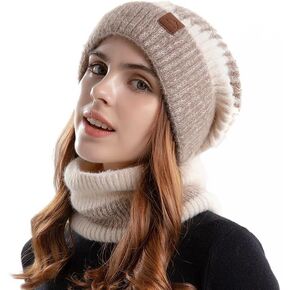 NOOFNO Beanies Neckerchief with Hair Attached for Women Winter Plush Warm Hats with Detachable Synthetic Hair Piece Hat Wigs