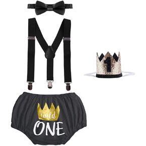 IBTOM CASTLE Baby Boys Cake Smash Outfits Wild One Crown for 1st 2nd Birthday Party 4PCS Shorts Bowtie Suspenders Headband