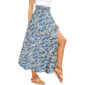 Sinono Women's Boho Floral High Waist Split A Line Full Length Maxi Draped Skirt