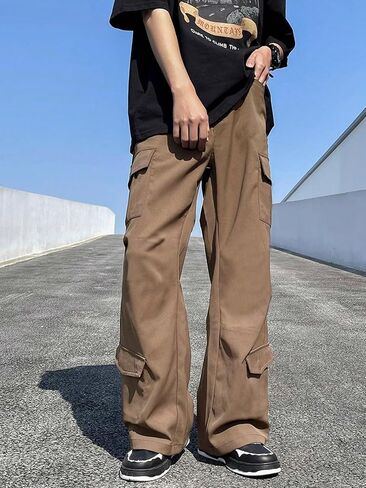 GORGLITTER Men's Drawstring Waist Cargo Pants Baggy Flap Pocket Side Y2K Streetwear Pants in Saudi Arabia
