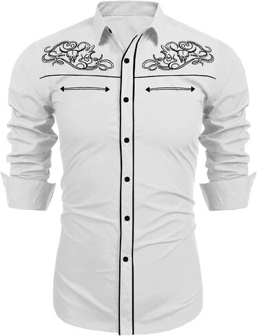 Runcati Mens Western Cowboy Shirt Button Down Long Sleeve Embroidered Casual Slim Fit Vintage Dress Shirts in Saudi Arabia