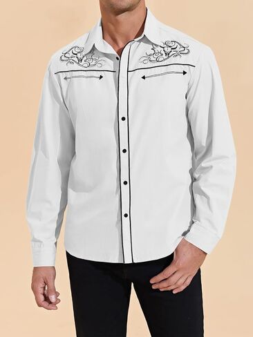 Runcati Mens Western Cowboy Shirt Button Down Long Sleeve Embroidered Casual Slim Fit Vintage Dress Shirts in Saudi Arabia