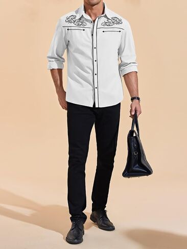 Runcati Mens Western Cowboy Shirt Button Down Long Sleeve Embroidered Casual Slim Fit Vintage Dress Shirts in Saudi Arabia
