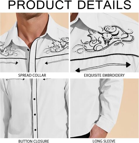 Runcati Mens Western Cowboy Shirt Button Down Long Sleeve Embroidered Casual Slim Fit Vintage Dress Shirts in Saudi Arabia