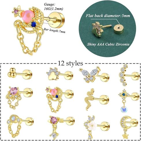 FIRAZIO 12 جهاز كمبيوتر شخصى 16G الغضروف حلق 316L الفولاذ المقاوم للصدأ تشيكوسلوفاكيا أقراط متدلية للنساء الرجال فراشة زهرة القلب هيبولرجينيك أقراط مسطحة الظهر الزنمة الأريكة اللولب ثقب المجوهرات in Kuwait