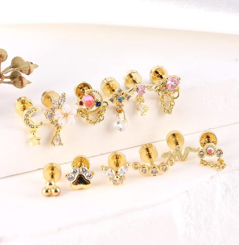 FIRAZIO 12 جهاز كمبيوتر شخصى 16G الغضروف حلق 316L الفولاذ المقاوم للصدأ تشيكوسلوفاكيا أقراط متدلية للنساء الرجال فراشة زهرة القلب هيبولرجينيك أقراط مسطحة الظهر الزنمة الأريكة اللولب ثقب المجوهرات in Kuwait