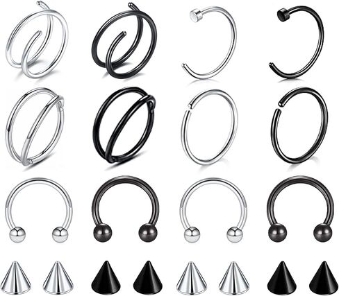 DELLIR 20PCS Surgical Steel Nose Septum Horseshoe Nose Hoop Rings Nose Piercing Replacement Spikes Barbells in Saudi Arabia