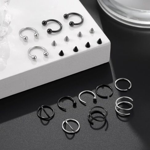 DELLIR 20PCS Surgical Steel Nose Septum Horseshoe Nose Hoop Rings Nose Piercing Replacement Spikes Barbells in Saudi Arabia