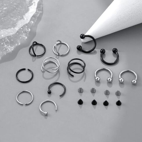 DELLIR 20PCS Surgical Steel Nose Septum Horseshoe Nose Hoop Rings Nose Piercing Replacement Spikes Barbells in Saudi Arabia