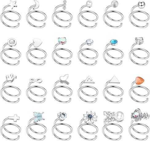 FIASASO 24 قطعة حلقة أنف مزدوجة لثقب واحد تشيكوسلوفاكيا نجمة القمر فراشة الفولاذ المقاوم للصدأ حلقة الأنف مزدوجة للنساء دوامة مزدوجة حلقة الأنف in Kuwait