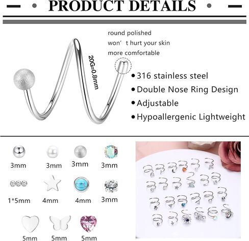 FIASASO 24 قطعة حلقة أنف مزدوجة لثقب واحد تشيكوسلوفاكيا نجمة القمر فراشة الفولاذ المقاوم للصدأ حلقة الأنف مزدوجة للنساء دوامة مزدوجة حلقة الأنف in Kuwait