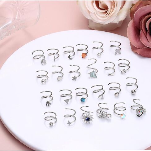 FIASASO 24 قطعة حلقة أنف مزدوجة لثقب واحد تشيكوسلوفاكيا نجمة القمر فراشة الفولاذ المقاوم للصدأ حلقة الأنف مزدوجة للنساء دوامة مزدوجة حلقة الأنف in Kuwait