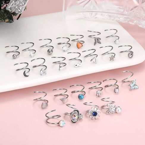 FIASASO 24 قطعة حلقة أنف مزدوجة لثقب واحد تشيكوسلوفاكيا نجمة القمر فراشة الفولاذ المقاوم للصدأ حلقة الأنف مزدوجة للنساء دوامة مزدوجة حلقة الأنف in Kuwait