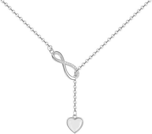 Infinity Lariat Y-Necklace for Women Girls 925 Sterling Silver Love Heart Mother of Pearl Pendant Long Link Chain Necklaces Adjustable Delicate Wedding Birthday Valentines Jewelry Gift 20 inches in Saudi Arabia