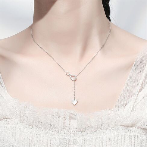 Infinity Lariat Y-Necklace for Women Girls 925 Sterling Silver Love Heart Mother of Pearl Pendant Long Link Chain Necklaces Adjustable Delicate Wedding Birthday Valentines Jewelry Gift 20 inches in Saudi Arabia