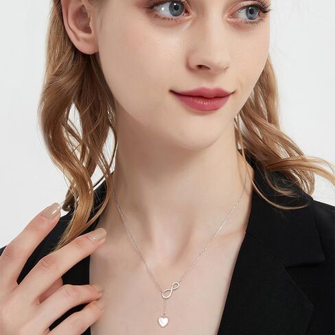Infinity Lariat Y-Necklace for Women Girls 925 Sterling Silver Love Heart Mother of Pearl Pendant Long Link Chain Necklaces Adjustable Delicate Wedding Birthday Valentines Jewelry Gift 20 inches in Saudi Arabia