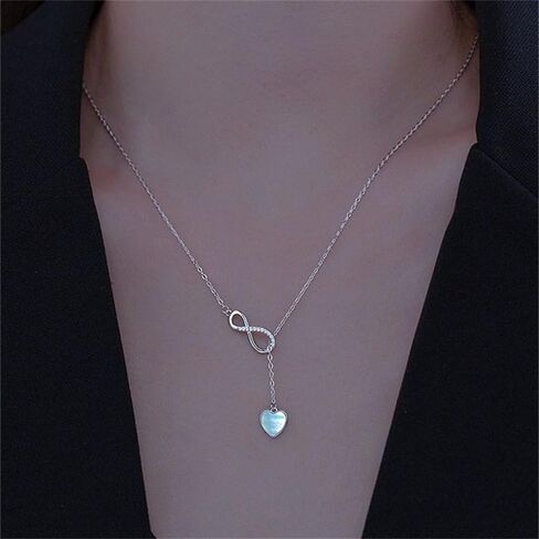 Infinity Lariat Y-Necklace for Women Girls 925 Sterling Silver Love Heart Mother of Pearl Pendant Long Link Chain Necklaces Adjustable Delicate Wedding Birthday Valentines Jewelry Gift 20 inches in Saudi Arabia
