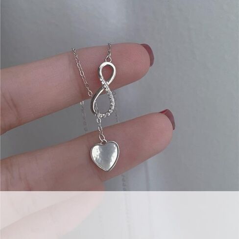 Infinity Lariat Y-Necklace for Women Girls 925 Sterling Silver Love Heart Mother of Pearl Pendant Long Link Chain Necklaces Adjustable Delicate Wedding Birthday Valentines Jewelry Gift 20 inches in Saudi Arabia