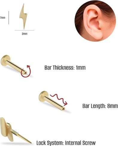 Lightning Labret Cartilage Piercing Earring - 14K Solid Yellow Gold - For Helix Tragus Lobe Conch Flat & Other Body Piercing BY KORAL JEWELRY in Saudi Arabia