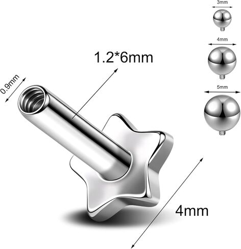 6ixGosh 16G G23 Titanium Cartilage Earring Tragus Conch Helix Piercing Jewelry Internally Threaded Monroe Lip Studs 6/8mm Heart Star Shaped Labret Jewelry for women men (3 Tops & 1 Post) in Saudi Arabia