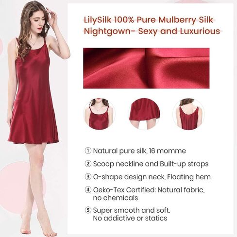 ثوب نوم حريري 100% من LILYSILK للنساء 19 مم حرير التوت قصير قميص نوم مثير للسيدات، أحمر M in Kuwait