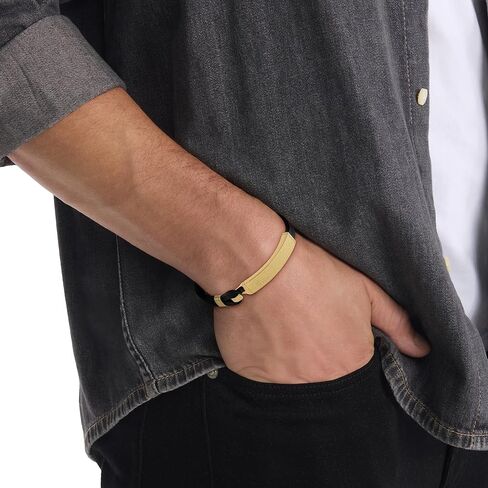 Calvin Klein Jewelry Men's Ionic Plated Thin Gold Steel and Black Leather Bracelet, Color: Black (Model: 35000408) in Saudi Arabia