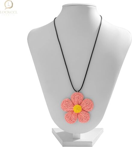Locrccl Rattan Pendant Necklace for Women Raffia Straw Wrapped Flower Boho Colorful Statement Symbol Necklace Jewelry Gifts in Kuwait