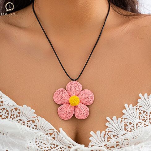Locrccl Rattan Pendant Necklace for Women Raffia Straw Wrapped Flower Boho Colorful Statement Symbol Necklace Jewelry Gifts in Kuwait