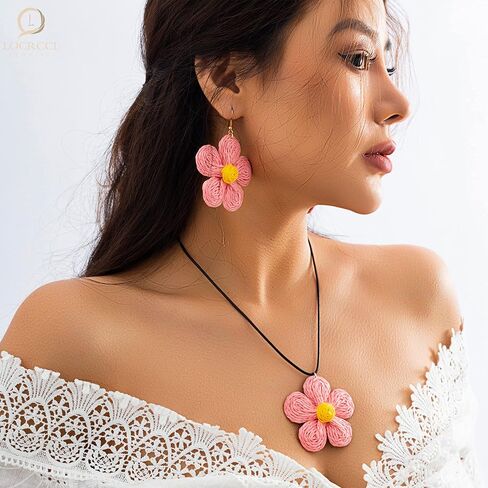 Locrccl Rattan Pendant Necklace for Women Raffia Straw Wrapped Flower Boho Colorful Statement Symbol Necklace Jewelry Gifts in Kuwait