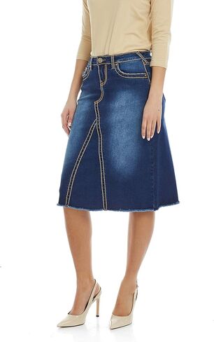 تنورة نسائية من ESTEEZ مصنوعة من قماش الدنيم على شكل حرف A وخياطة سرج قابلة للتمدد من الجينز فيكتوريا in Kuwait