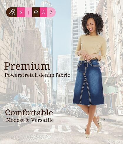 تنورة نسائية من ESTEEZ مصنوعة من قماش الدنيم على شكل حرف A وخياطة سرج قابلة للتمدد من الجينز فيكتوريا in Kuwait