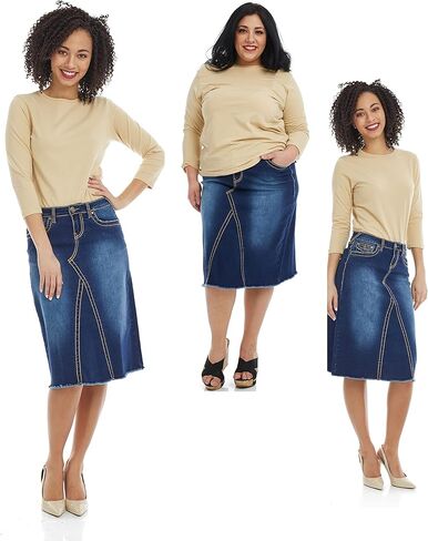 تنورة نسائية من ESTEEZ مصنوعة من قماش الدنيم على شكل حرف A وخياطة سرج قابلة للتمدد من الجينز فيكتوريا in Kuwait