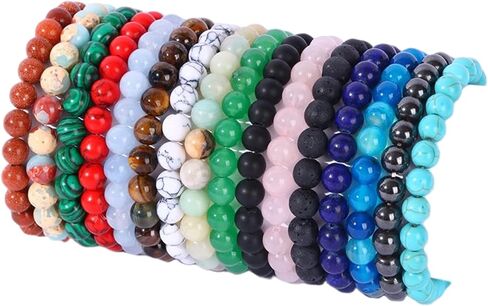 MOZAKA 16 قطعة أحجار الشفاء مطرز أساور للنساء الرجال كريستال سوار مُزين بالخرز للجنسين قابل للتعديل أساور ممتدة 8 مللي متر in Kuwait