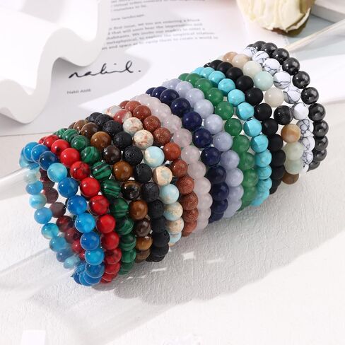 MOZAKA 16 قطعة أحجار الشفاء مطرز أساور للنساء الرجال كريستال سوار مُزين بالخرز للجنسين قابل للتعديل أساور ممتدة 8 مللي متر in Kuwait