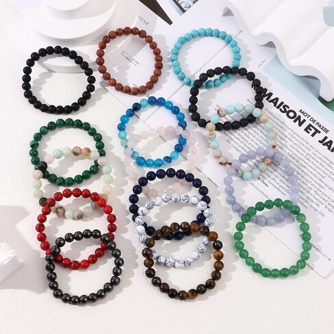 MOZAKA 16 قطعة أحجار الشفاء مطرز أساور للنساء الرجال كريستال سوار مُزين بالخرز للجنسين قابل للتعديل أساور ممتدة 8 مللي متر in Kuwait