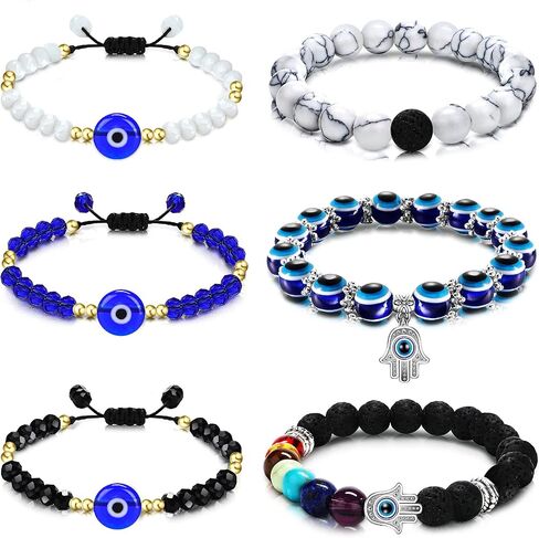 Hicarer 6 Pieces Evil Eye Bracelet Blue Beaded Charm Stretch Bracelet Blue Eye Stretch Amulet Bracelets for Valentine's Day Gift Protecting and Blessing Men and Women in Saudi Arabia
