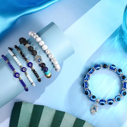Hicarer 6 Pieces Evil Eye Bracelet Blue Beaded Charm Stretch Bracelet Blue Eye Stretch Amulet Bracelets for Valentine's Day Gift Protecting and Blessing Men and Women in Saudi Arabia