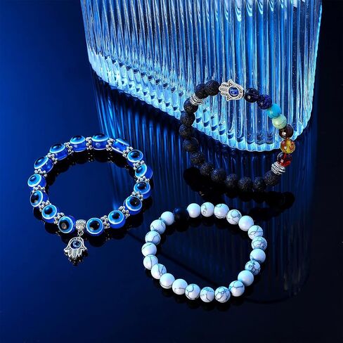 Hicarer 6 Pieces Evil Eye Bracelet Blue Beaded Charm Stretch Bracelet Blue Eye Stretch Amulet Bracelets for Valentine's Day Gift Protecting and Blessing Men and Women in Saudi Arabia