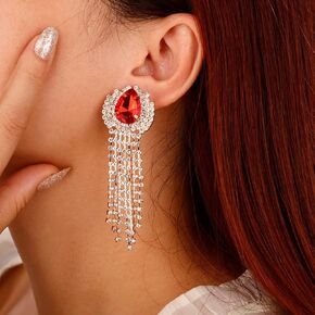 Xerling Rhinestones Tassel Fringe Chain Chandelier Earrings Gold Non-pierced Clip on Earrings Blue Green Red Crystal Earrings for Women Girls in Kuwait